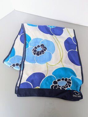 Oscar de la Renta Vintage Blue Floral Print Long Silk Scarf